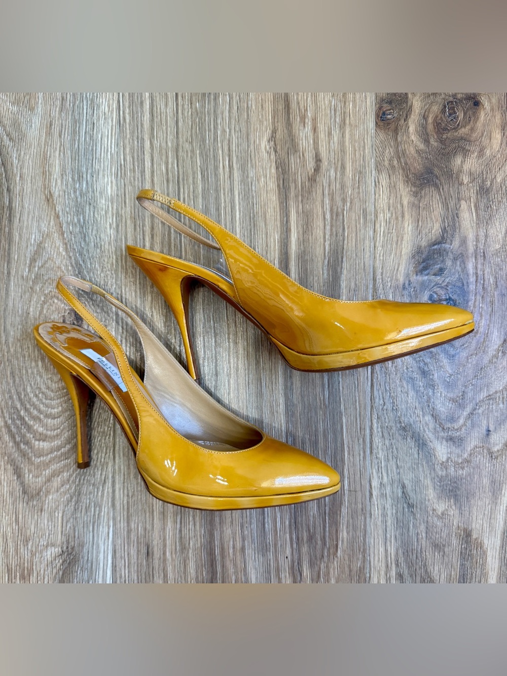 Pollini Mustard Patent Leather Slingback Pumps Size 38.5 Made in Italy - Picture 6 of 10